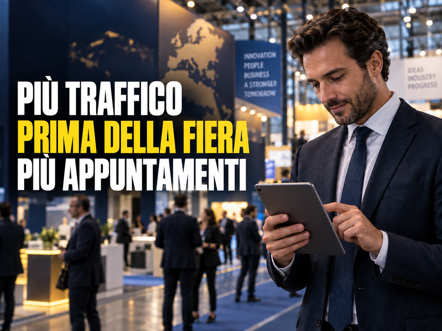 Professionista a una fiera B2B usa un tablet per organizzare gli appuntamenti