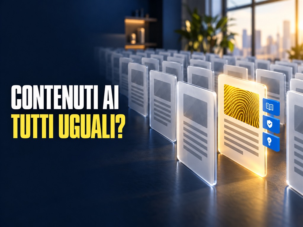 Contenuti AI generici con una pagina riconoscibile che emerge da contenuti tutti uguali