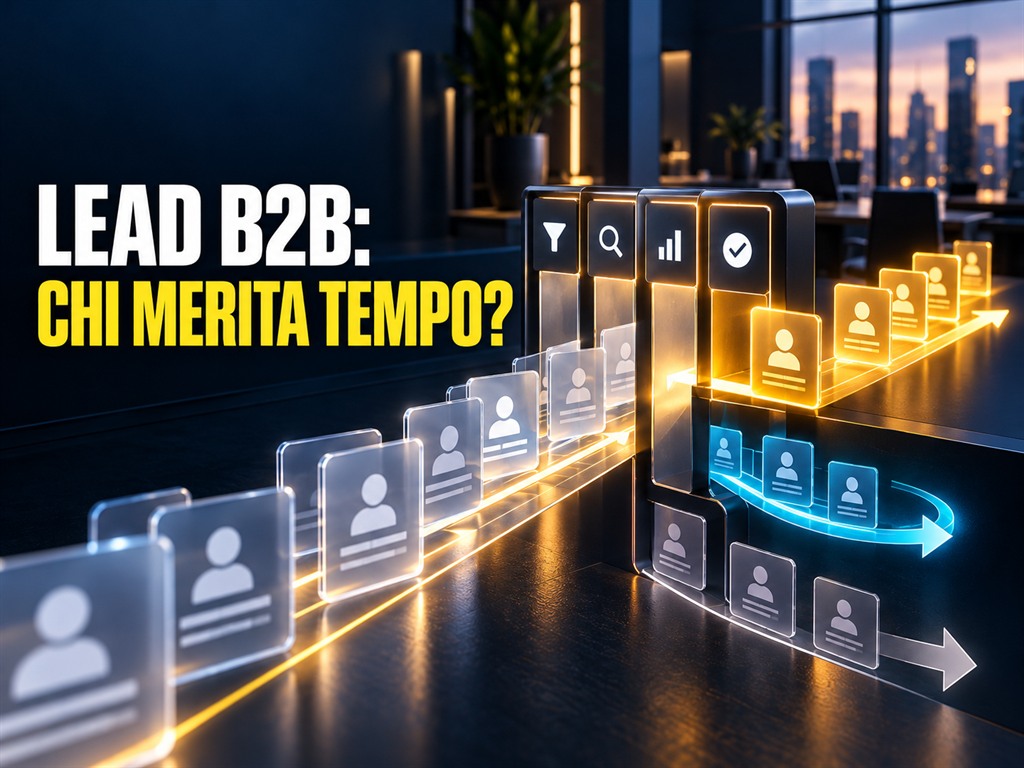 Contatti B2B attraversano quattro verifiche e vengono indirizzati su percorsi diversi in base alla priorità commerciale.